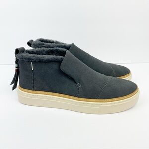 TOMS Paxton Shoes Women's Size 7 Gray Suede Leather Sneakers Slip On Faux Fur